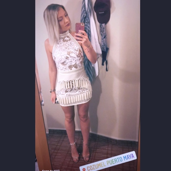 charlyia white premium halterneck sequin tassel bodycon dress